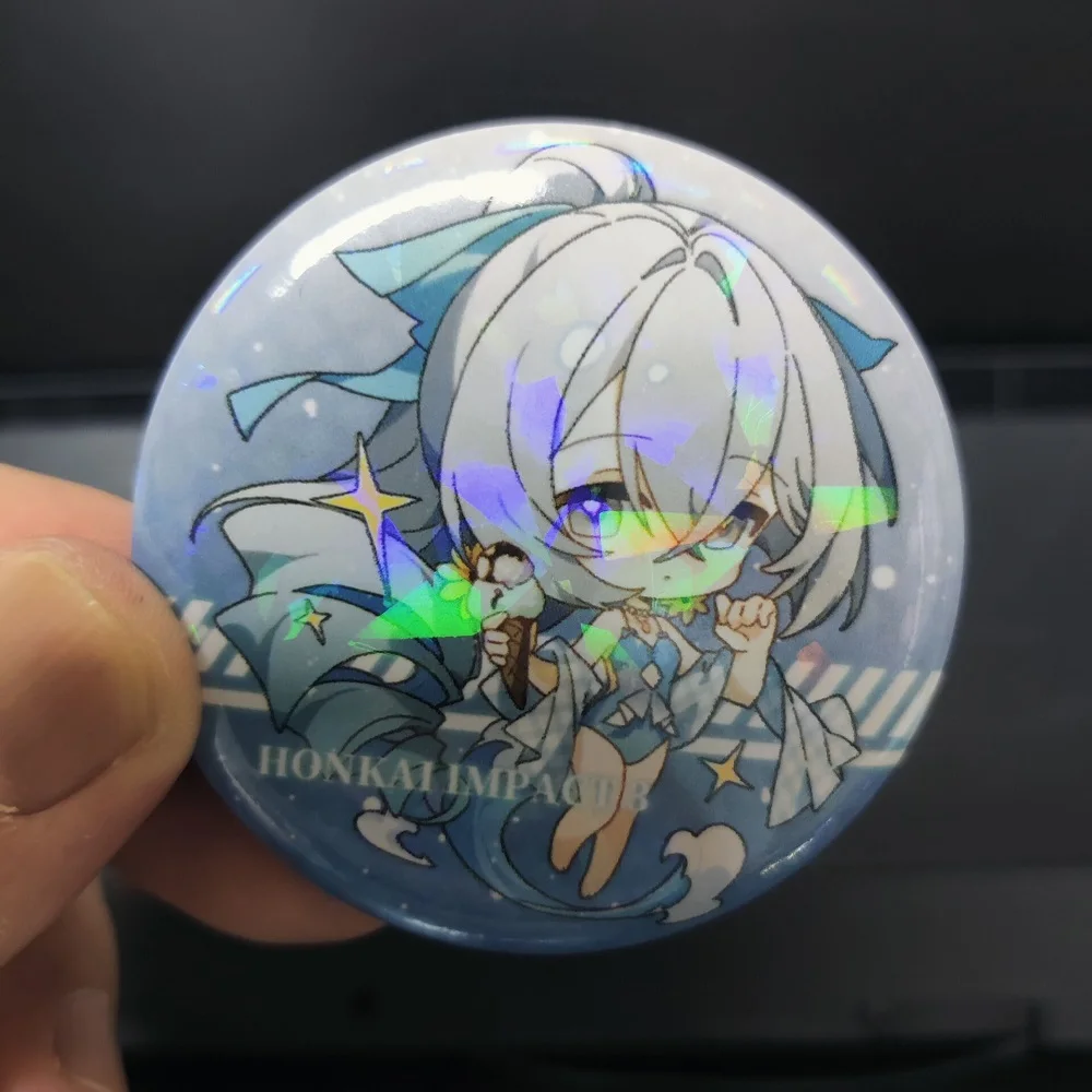 Honkai Impact 3 Anime Figures Elysia Raiden Mei Cosplay Metal Laser Badge Bronya Zaychik Character Cute Bag Decor Pins Xmas Gift