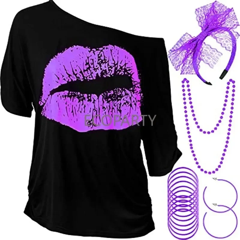 New 80s Women's Lip Print T-shirt Lace Headband Earring Necklace Bracelet Five-piece Set 80s Theme Retro Women Costume Set Adult