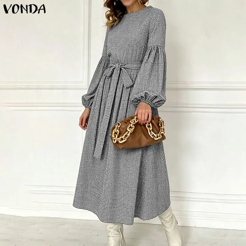 Plus Size VONDA Women Autumn Winter Office Midi Dress Elegant Belted Tie Waist Plaid Sundress Long Sleeve Vintage Vestidos Wear