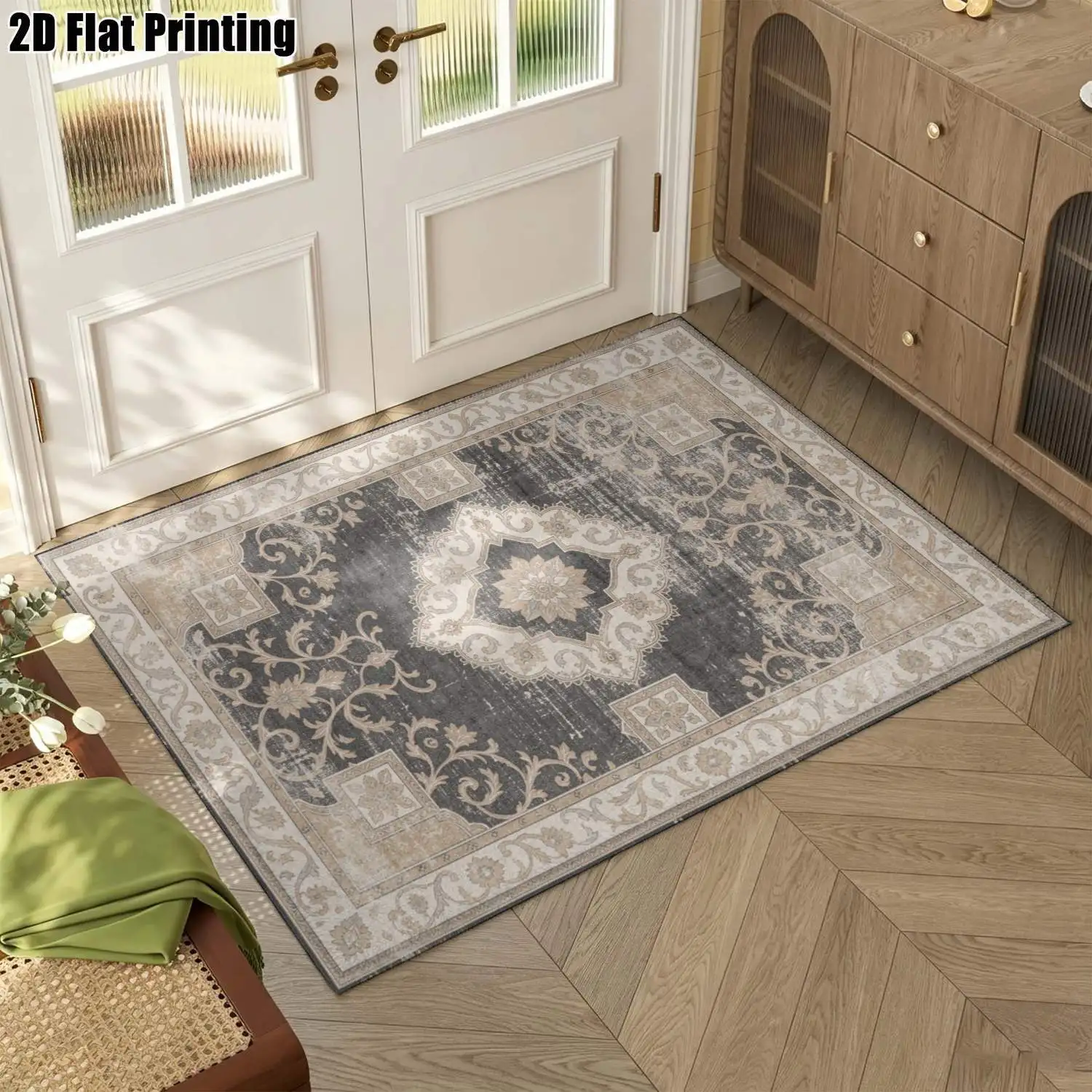 1Pc 2D Printed Gray-Brown Retro Floral Carpet: European-Style, Retro, Geometric, Bohemian Floor Mat, Home Decor, Multi-Size, Machine Washable, for Entrance, Living Room, Bedroom, Dining Room, Foyer