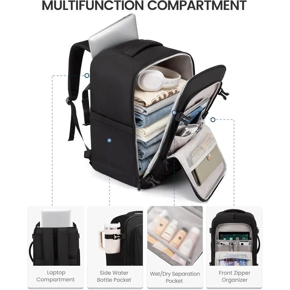 Mochila de viagem masculina 40L, aprovada para bagagem, 3 cubos de embalagem, cabe em laptop 17,3, resistente à água, preta