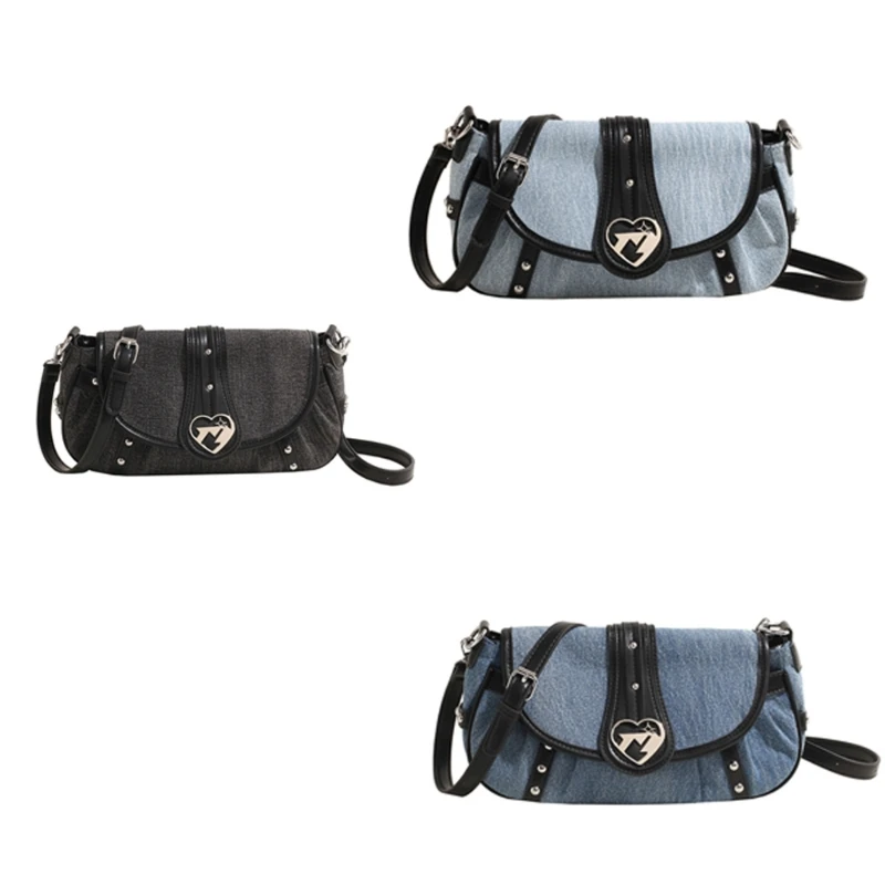 

Denims Flap Crossbody Bag for Women Fashionable Punk Studded Purses Handbag Heart Buckled Dumpling Small Shoulder Bag