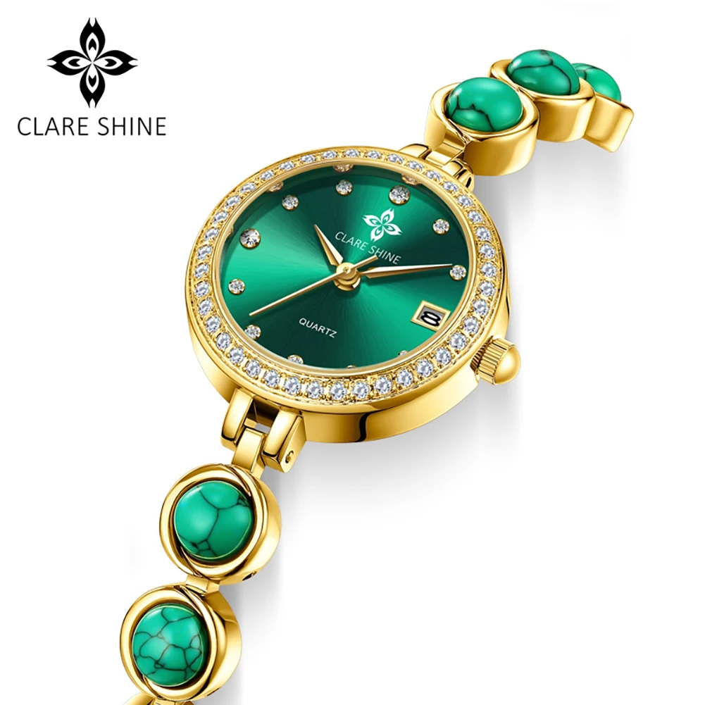 CLARE SHINE Woman Watch Auto Date Waterproof Diamond Dial Luxury Elegant Ladies Quartz Wristwatches Necklace Gift Box Set 7708