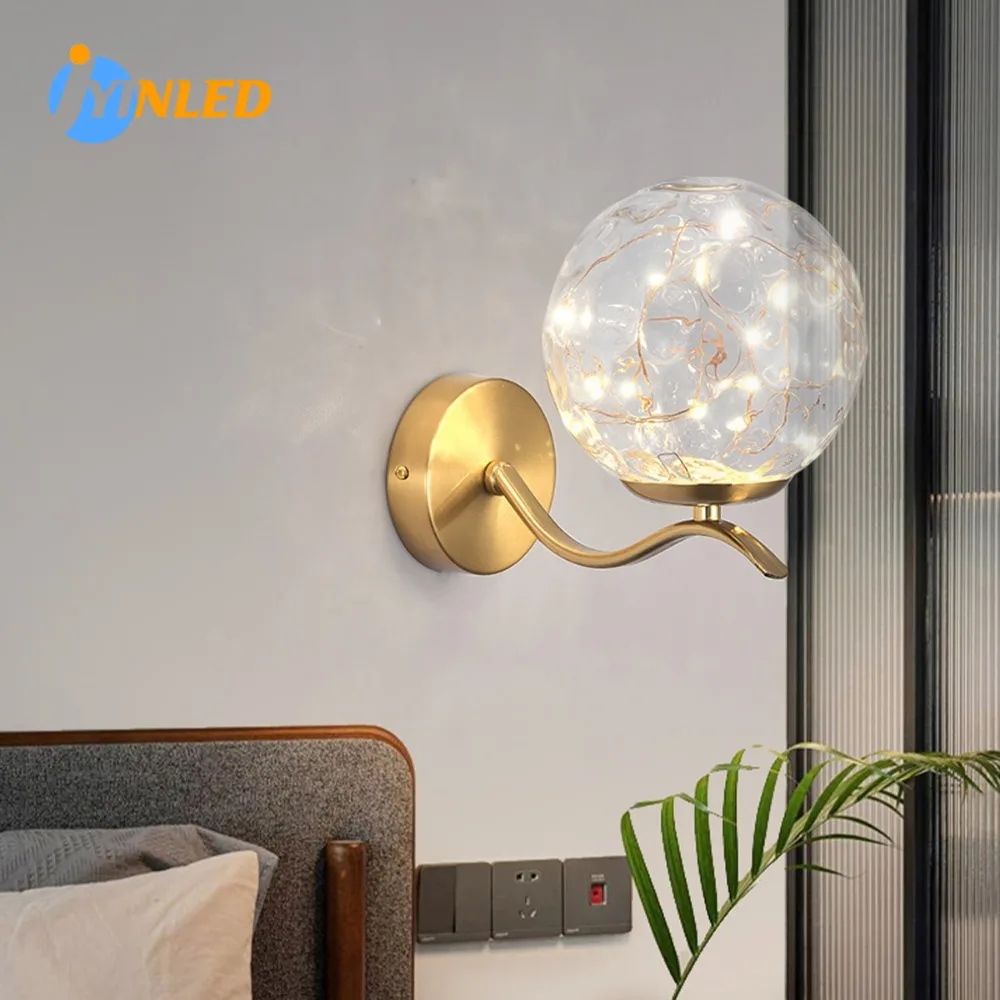 

Modern Led Light Copper Glass Ball Wall Lamp Living Room Bathroom Bedroom Bedside Entrance Porch Indoor Lighting Decoration Lamp