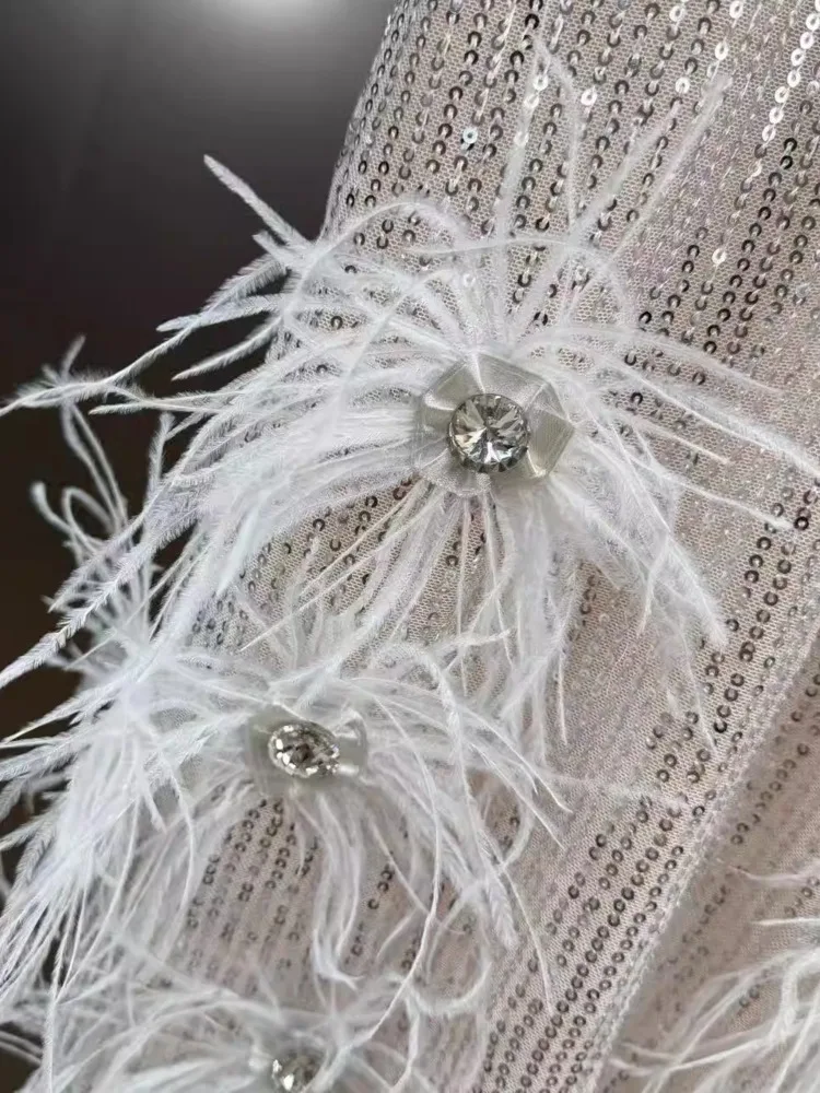 DFDG Women's Spring White Sequin Feather Cami Dress Sleeveless V-Neck Dress Elegant Party Clubwear 2025 Trendy Feminine Dress