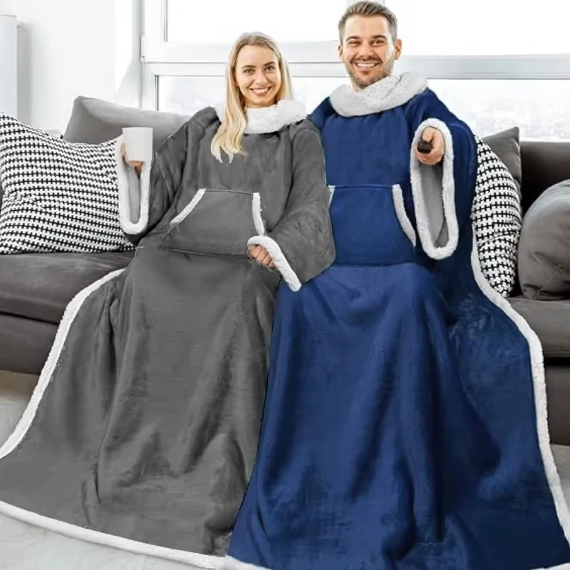 Home Wearable Adult Blanket Large Pocket MultiFunctional Lazy Sleeve AntiStatic Blanket Sherpa Composite TV Blanket Sofa Blanket