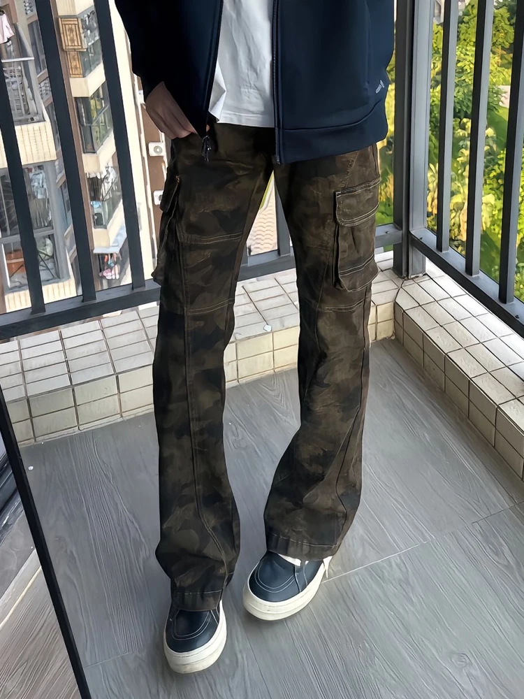 

Мужские джинсы в американском ретро-стиле с камуфляжным принтом, модные, для уличной моды, с длинными штанинами, микро-клеш, осенние, повседневные, свободные, прямого кроя