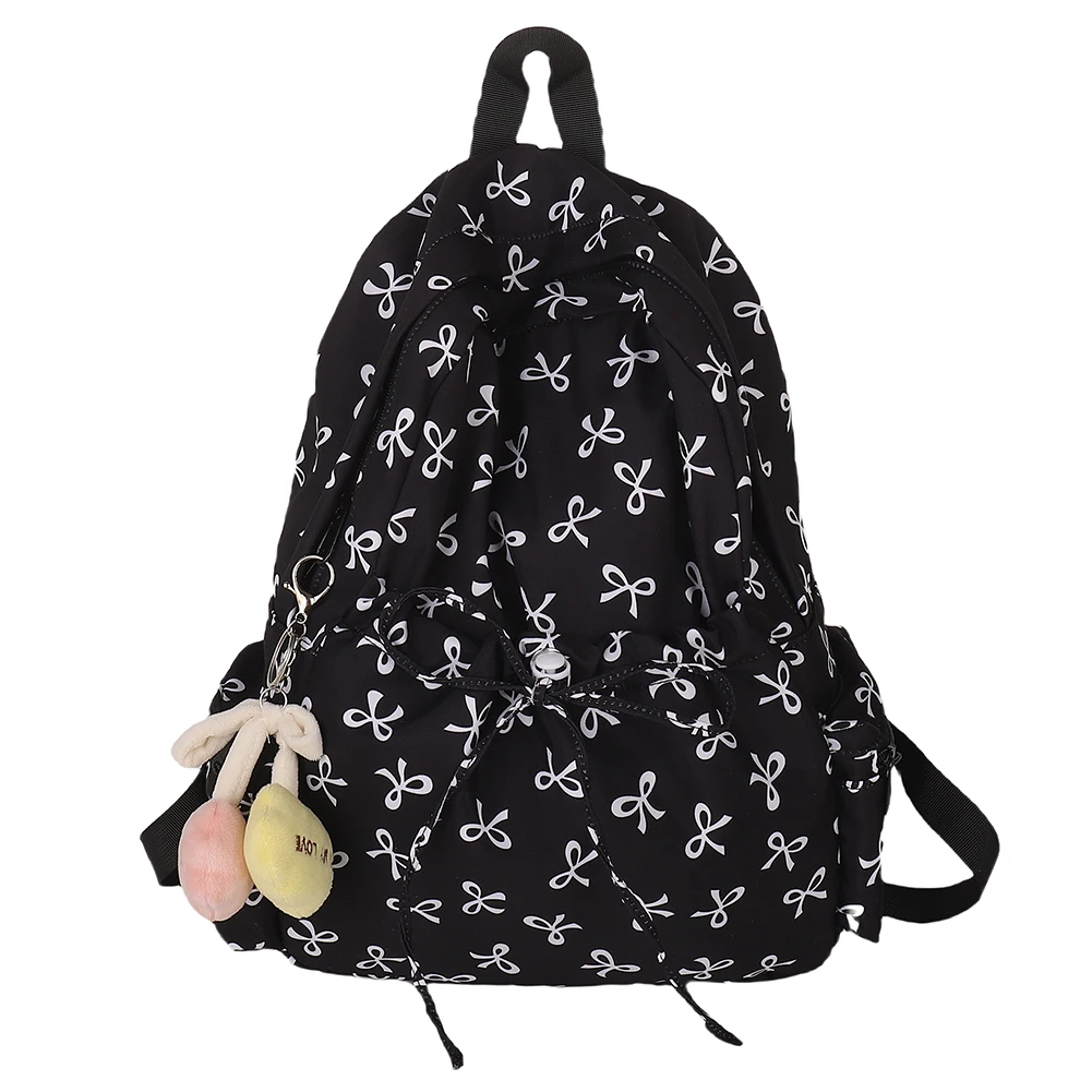 Sweet Nylon Bow Print Backpacks Casual Travel Rucksack Large Capacity Daily Knapsack Japanese Aesthetic Students School Bag