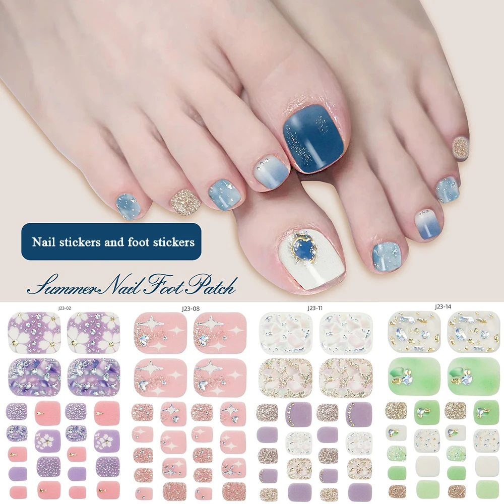 22tips/Sheet Toe Nail Stickers Glittering Toenails Manicure Art Decals Full Cover Removable Adhesive DIY Nail Patch Decoration