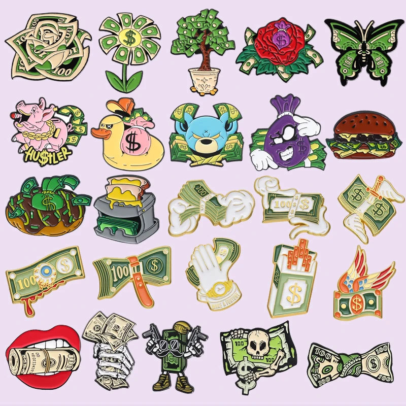 25 Types Cartoon Dollar Enamel Pins Custom Creative USD Banknote Brooches Lapel Badge Backpack Jewelry Gift for Friend Wholesale