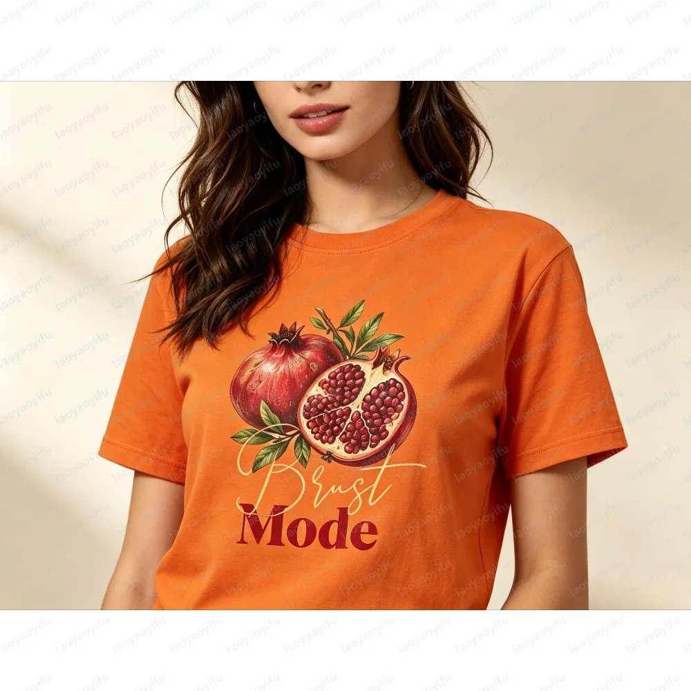 Trust Mode Retro Watercolor Pomegranate Printed Crew Neck Womens T Shirt Aesthetic Fruit Design Summer Short Sleeve Fashion Tee