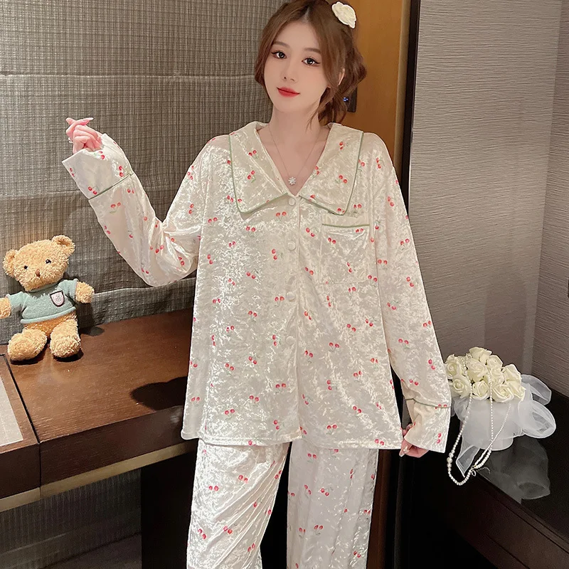 Sweet Cute Print Strawberry Sleepwear Trouser Suit Loose Women Home Clothes Lounge Wear New Autumn Winter Velvet Pajamas Set