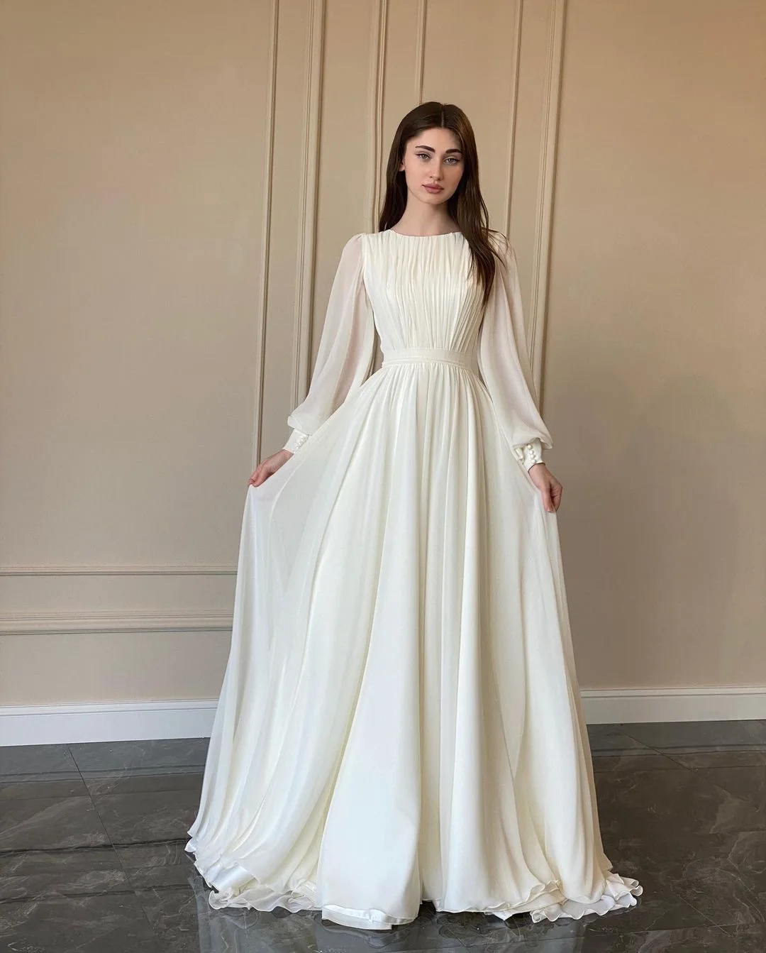 

Elegant White Lantern Sleeve round Neck Evening Dress Women's Party Wedding Dress Long Sleeve Floor Length Gown for Adults