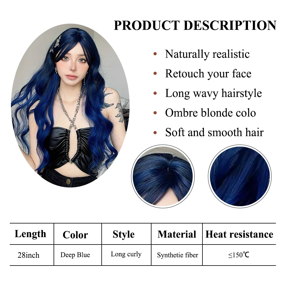 Curly Deep Blue Long Wavy Synthetic Wigs with Bangs for Women Colorful Blue Wave Cosplay Wigs Natural Fake Hair Heat Resistant