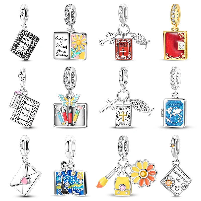 Breloques pendantes en argent sterling 925 avec zircon CZ, motifs livre, Bible, carnet, enveloppe, perles pour femmes, pour bracelet DIY, cadeau de bijoux
