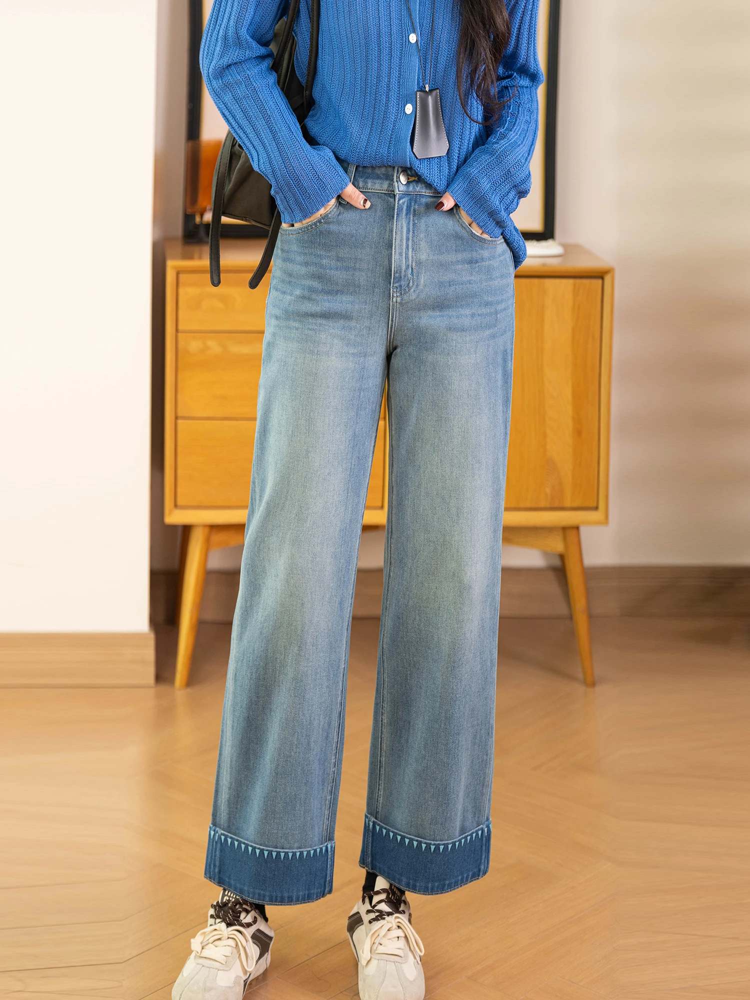 

Women's Straight Leg Jeans l Waist Cotton Fabric Breathable Four Sides Elastic Willow Cotton Lenzing Embroidered