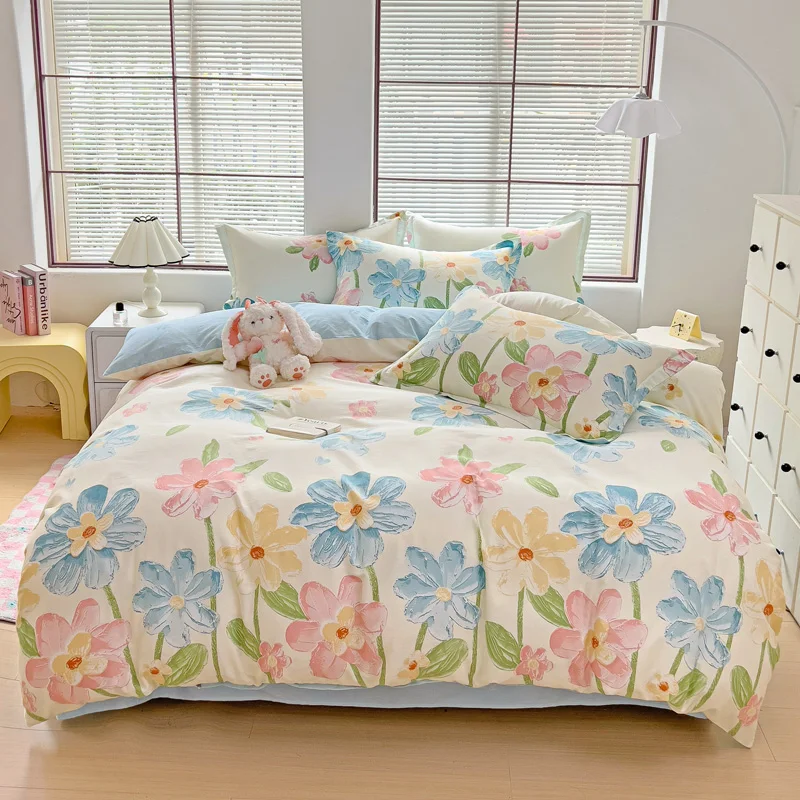 Colorful Floral Duvet Cover 100% Cotton Oil Painting Flowers Duvet Covers 3 Pieces Set Botanical Blossom Plant Printed Bedding