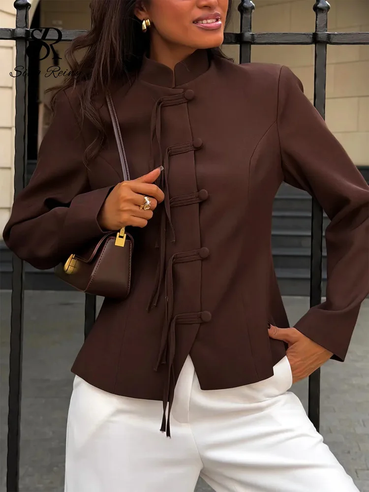 Autumn Commute Casual Blazer Frog Button New Chinese Style Stand Neck Slim Outwear Women Classic Classy Chic Coat