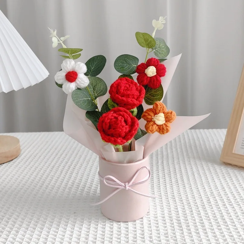 20cm Finished Woven Crochet Rose Sunflowers Potted Bouquets Stuffed Plants Home Table Decor Mother Valentine Graduation Gifts