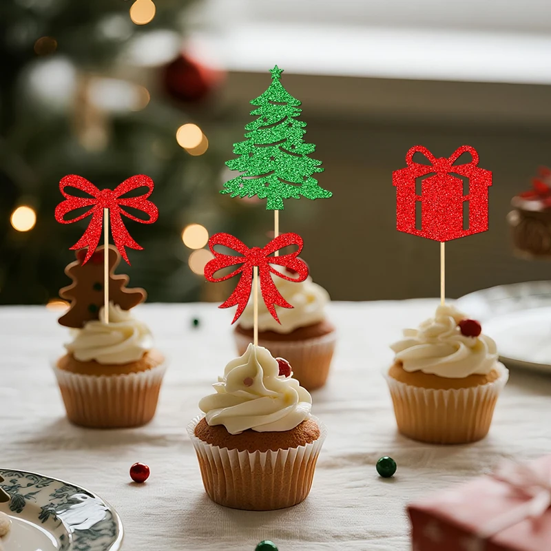 YOMDID 24 Stück Weihnachts- und Geburtstagskuchen-Topper, frohe Weihnachten, glitzernde Cupcake-Picks, Weihnachtsbaum, Schleife, Weihnachtsdekoration – Detail 8