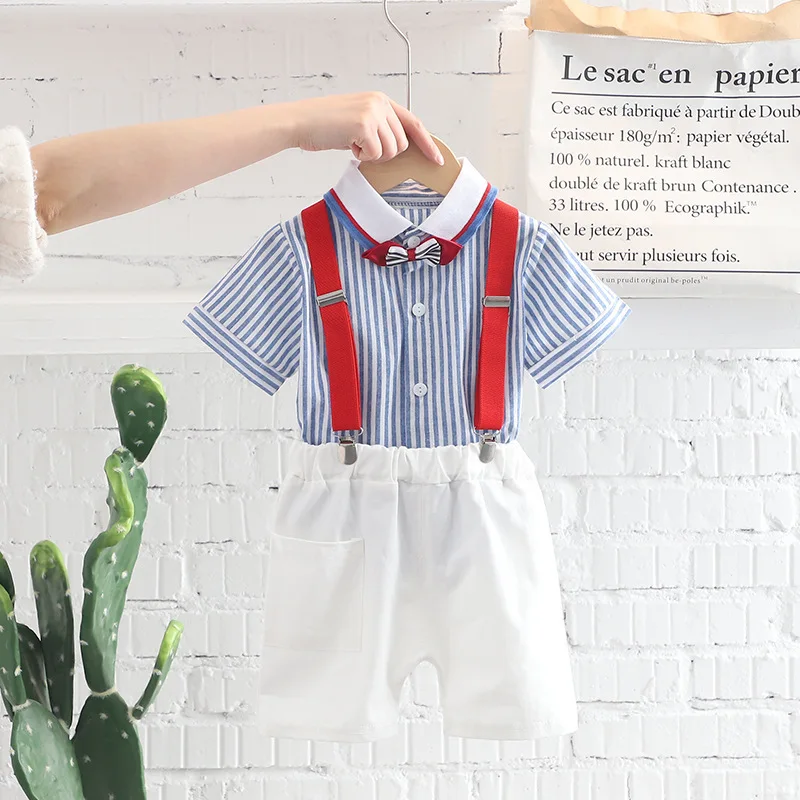 Summer Kids Boy's Clothes Suits Children Blue Striped Shirt Bib Shorts 3Pcs Baby Toddler Party Birthday performance Set 0-5 Year