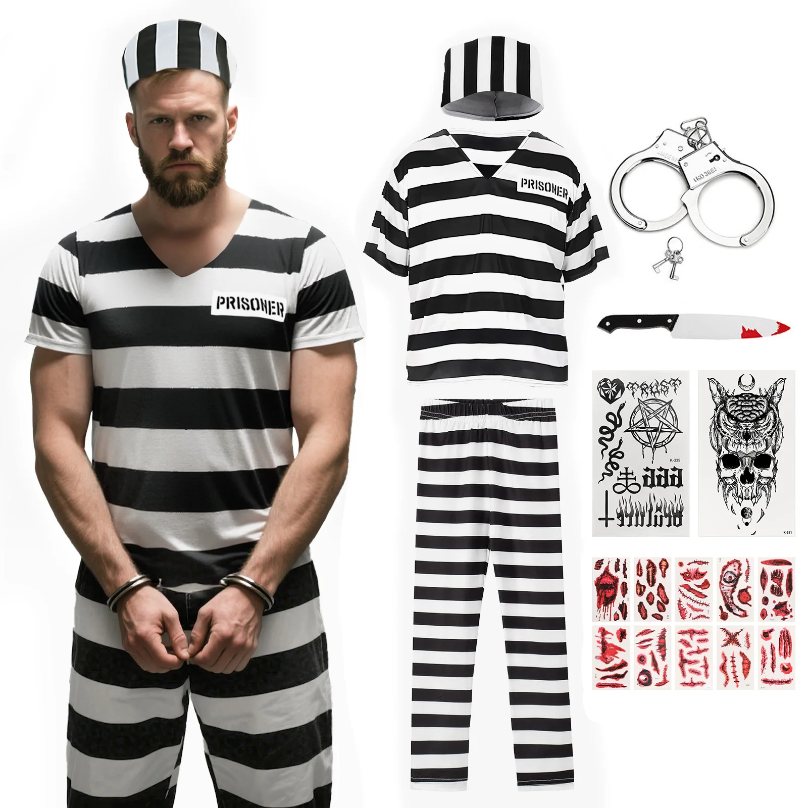 

Adult Prisoner Costume Men Black White Striped Jail Inmate Costume Prison Outfit Halloween Convict Cosplay Uniform Props