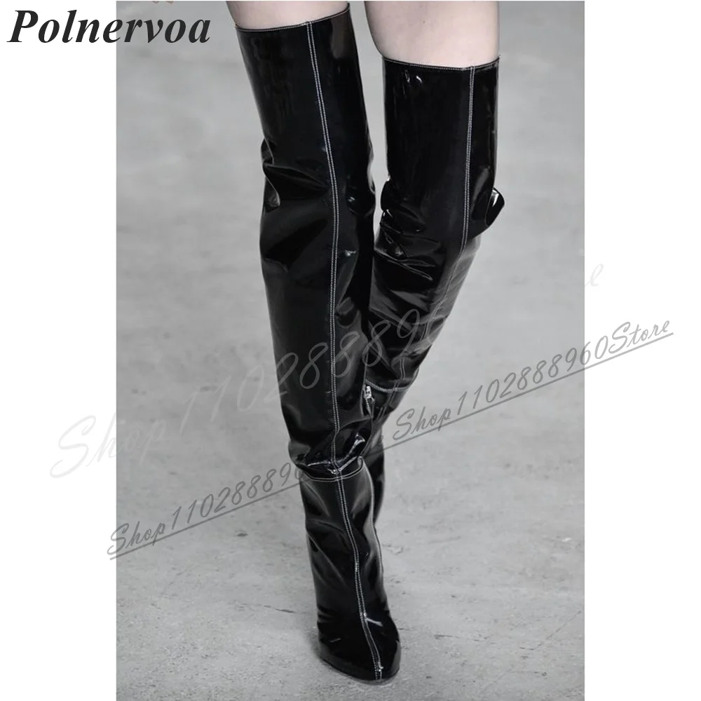 Over The Knee Purple Catwalk Leather Boots Chunky High Heel Women Shoes Side Zipper Pointed Toe 2024 Fashion Zapatos Para Mujere