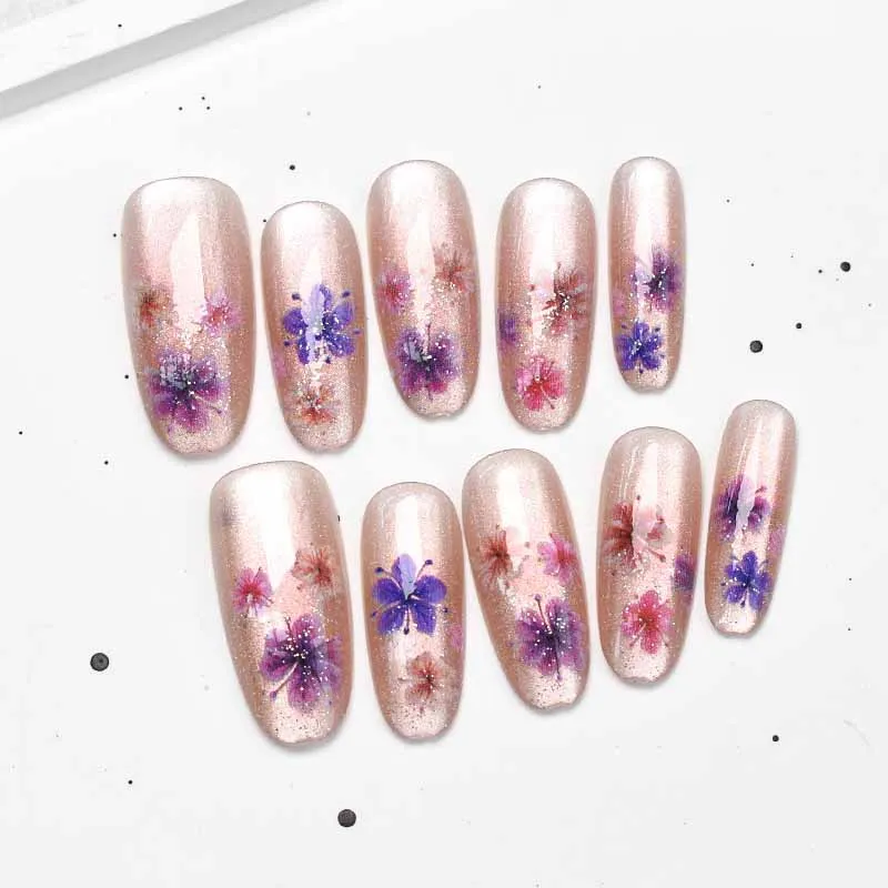 10 pièces doux Style féerique Dopamine crème fleur Nail Art presse sur les ongles amande Patch pour ongles oeil de chat tranches d'ongles faux ongles Art