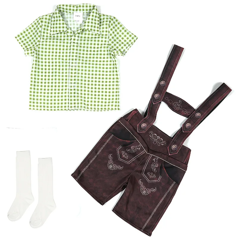 New Boy Oktoberfest Costume Traditional National Plaid Shirt Lederhosen With Socks Cosplay Carnival Fancy Party Dress