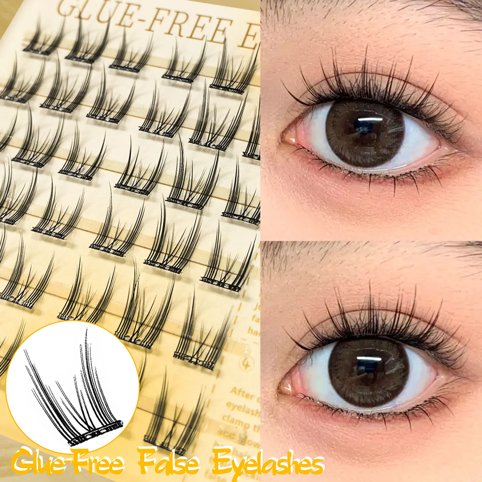 6 linhas de extensões de cílios sem cola - reutilizáveis, adequadas para iniciantes, aparência natural e charmosa, estilo boneca/olho de gato