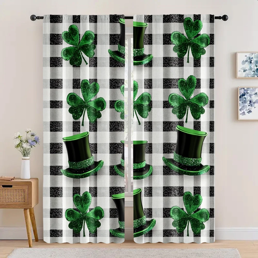 2pc, Happy St Patrick's Day Party Curtain Green clover Versatile Polyester Fabric,Without Electricity Festive Backdrops Use for