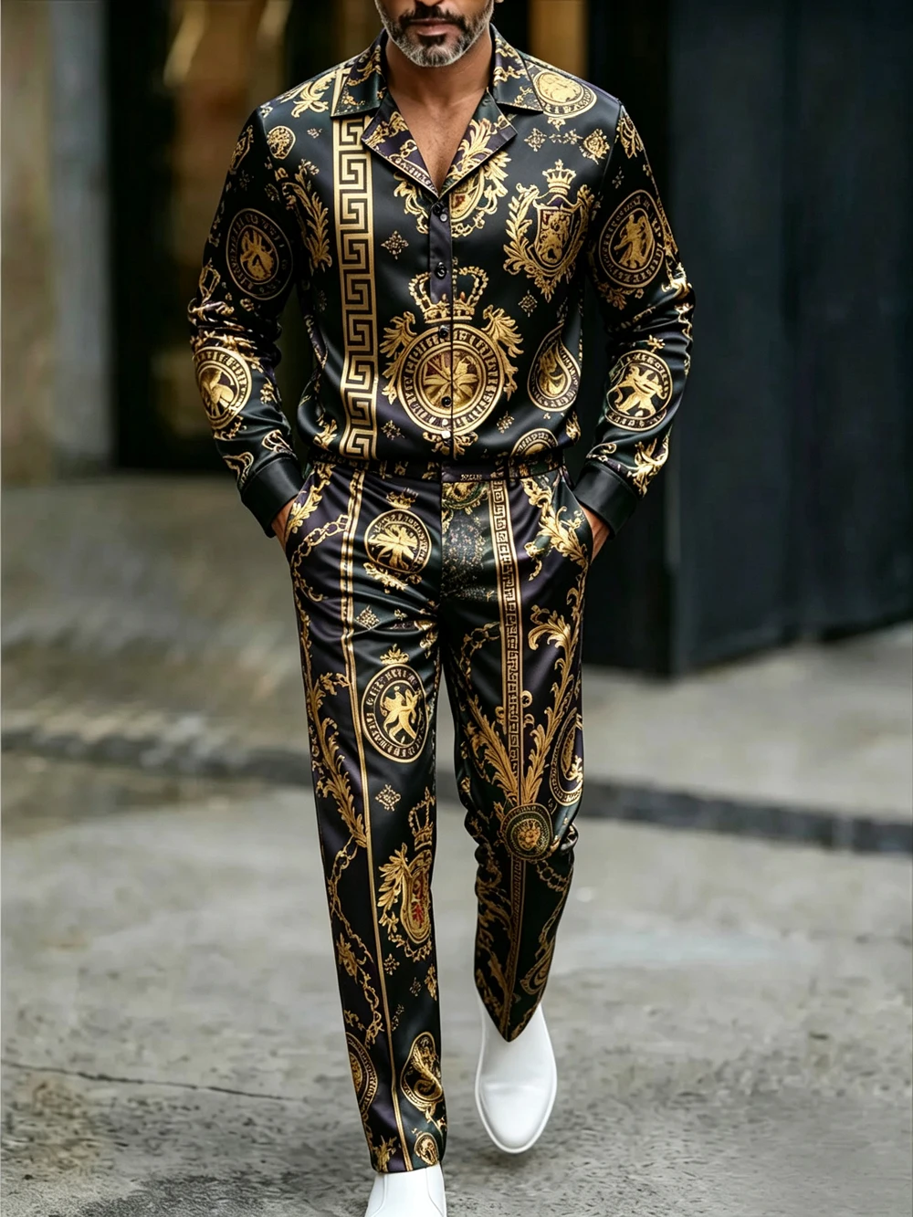2026 Men's Spring and Autumn New Smooth Polyester Shirt, Baroque Color-Printed Shirt, Gift for Men for Festivals and Parties