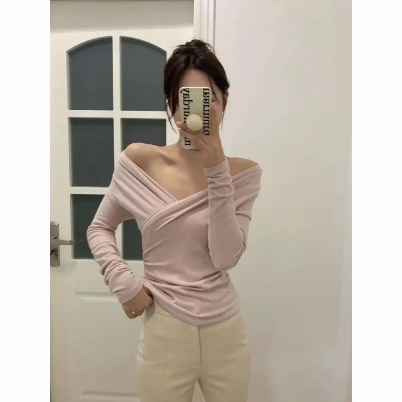 

Pure Desire Sexy Off-the-shoulder Cross V-neck T-shirt Women's Spring Autumn New Slim-fitting Thin Beautiful Small Top Exquisite