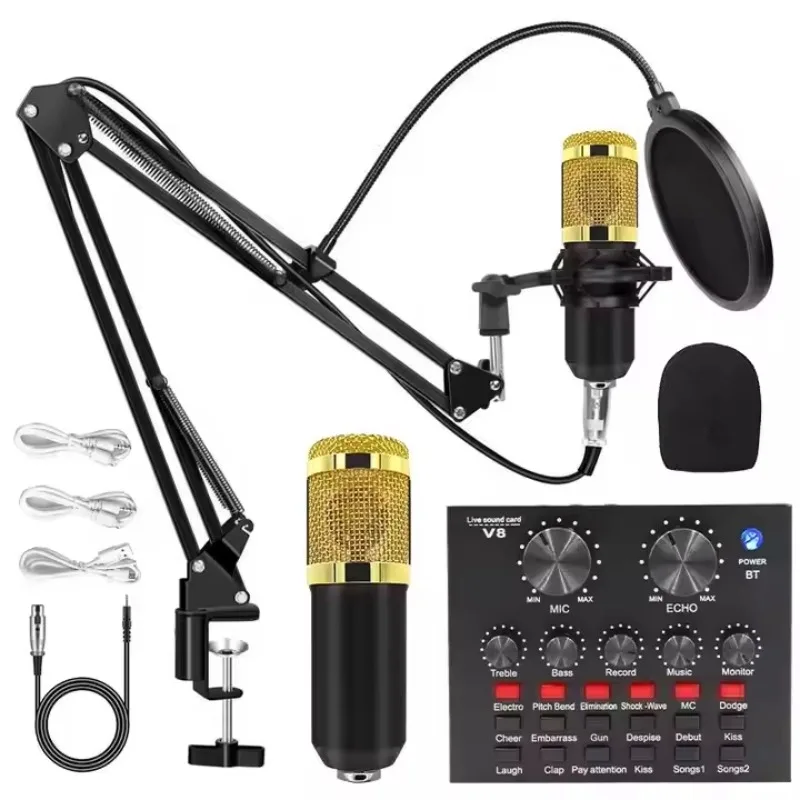 BM800 Condenser Microphone V8 Sound Card Live Kit with Suspension Stand for TikTok Online Program Broadcasting