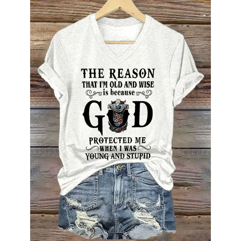 ilstile Women's Faith God Letter Print T-Shirts Summer Short Sleeve Casual V Neck Tops Tees Black White Blue T Shirt New Arrival
