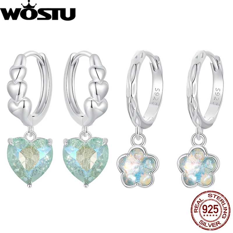 WOSTU 925 Sterling Silver Transparent Blue-green Ice Flower Hoop Earrings CZ Heart Drop Earrings Original For Women Sweet Gifts