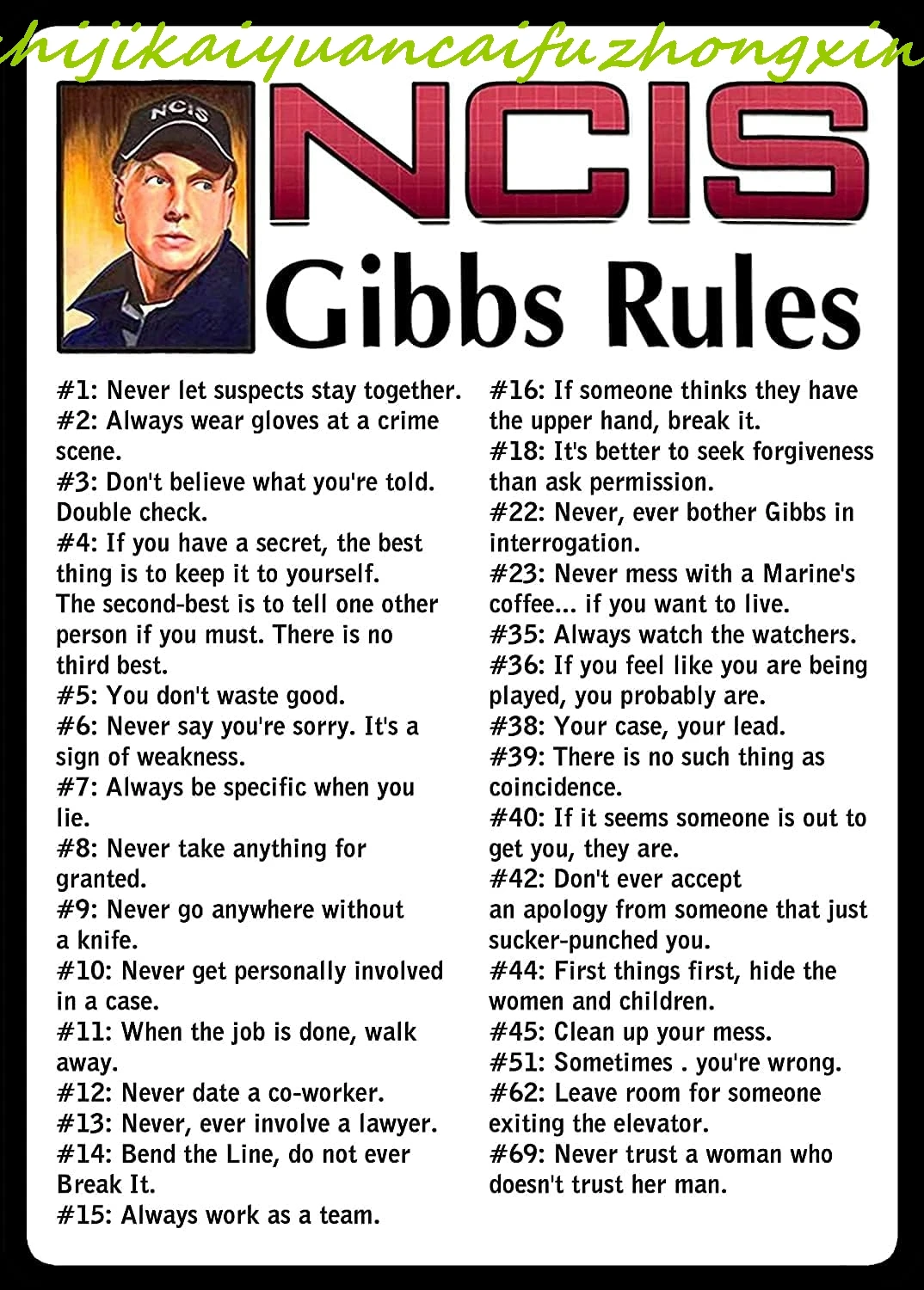 Tin Sign For NCIS Gibbs Rules 69 Rules Aluminum Sign for Home Coffee Wall Decor 8x12 Inch