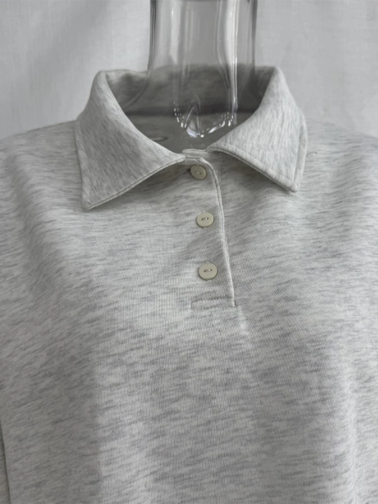 Damen-Hosenanzug 2-teilig Polokragen Langarm-Sweatshirt Pullover Elastische Taille Hose Streetwear Einfarbiger Oversize-Trainingsanzug – Detail 3