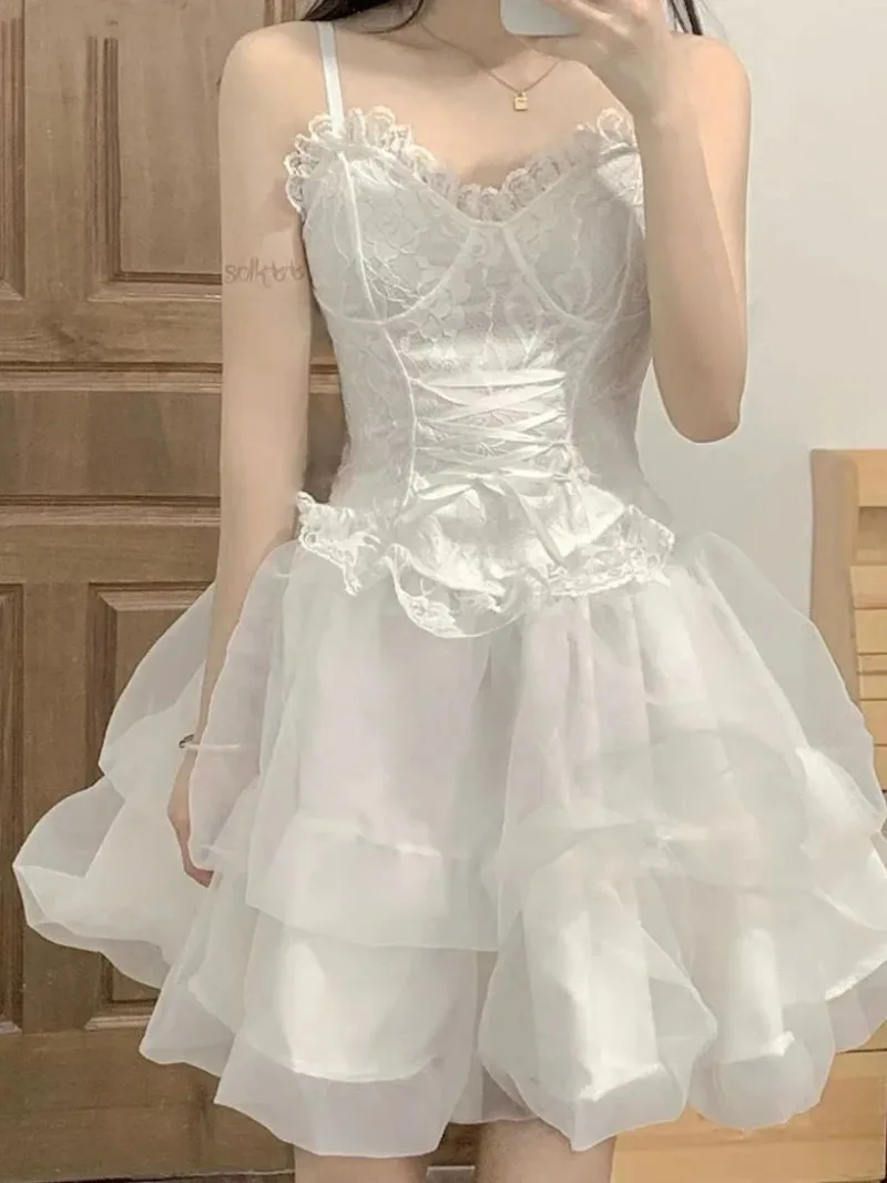 Ballet Style Sexy Skirt Sets Women Summer New White Camisole Top Chest Cushion Pure Waist Cinching Princess Puffy Dress Sets