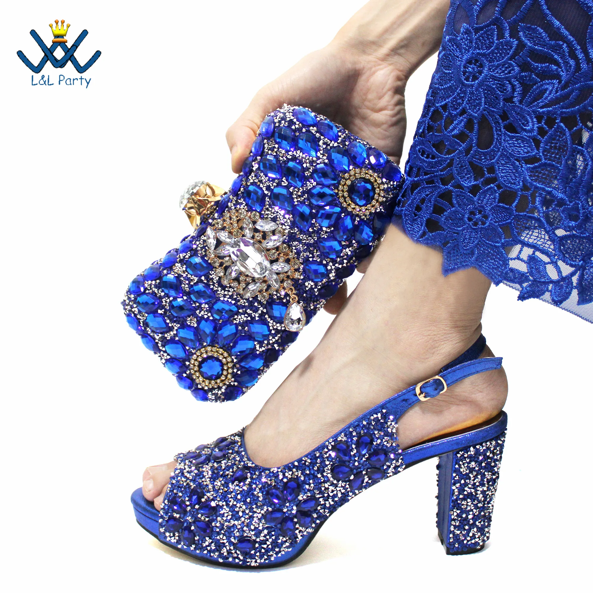 

Hot Sale INS Design Italian Women Shoes Matching Bag in Royal Blue Color Spring New Arrivals Decorate with Crystal for Party