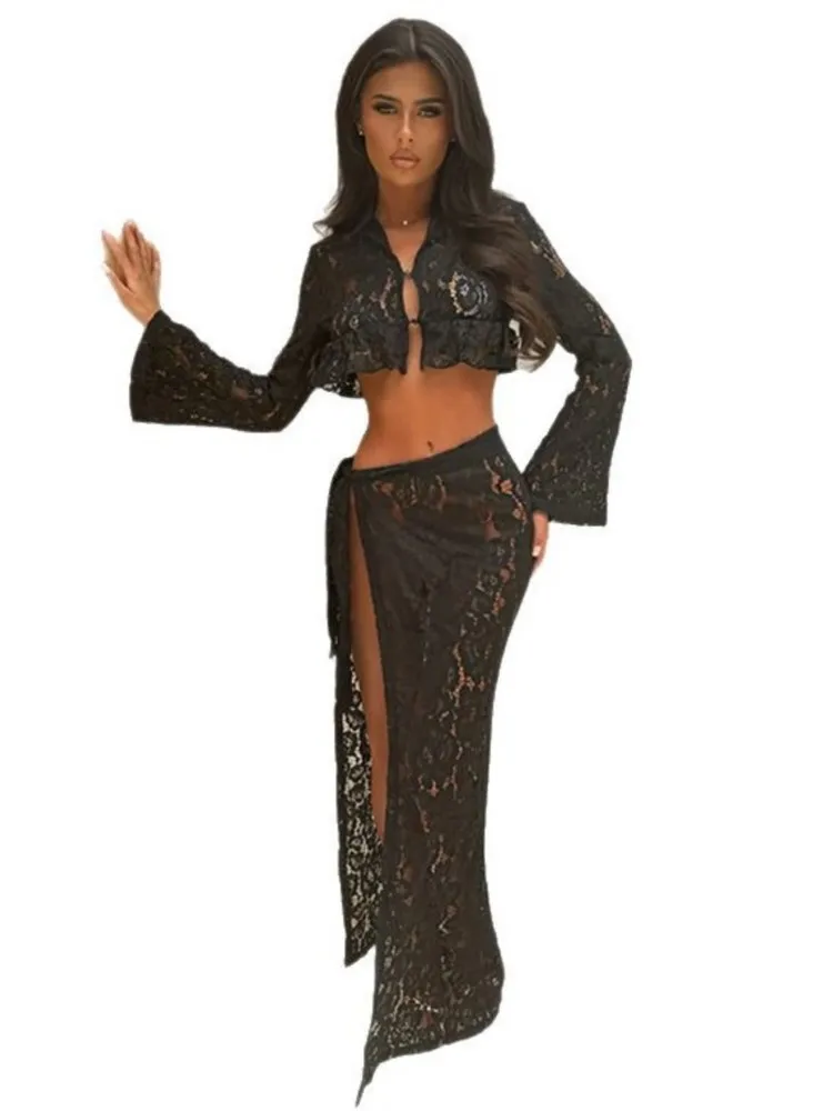 Roupa de banho saia cover-up 2 peça conjunto feminino colheita topos e saia longa maiô moda sólida oco sexy praia cobrir outfits