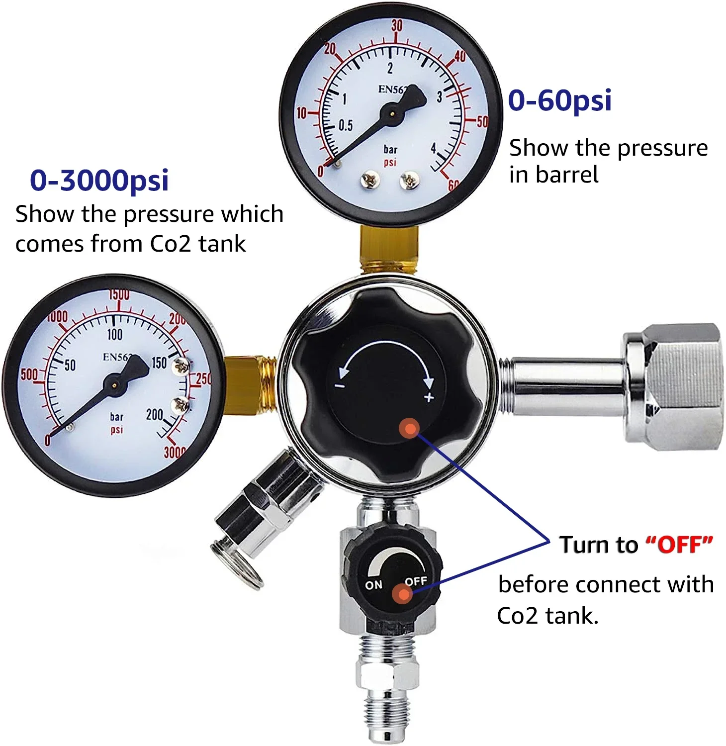 W21.8 Co2 Regulator,Homebrew Keg Kegerator Regulator 3000PSI Pressure Dual Guage Co2 Regulator with Safety Pressure Relief Valve