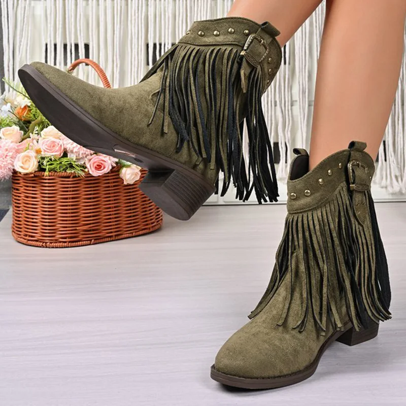 Vintage Rivet Western Cowboy Boots for Women Plus Size 43 Fringed High Heel Ankle Boots Woman Suede Retro Short Booties Mujer