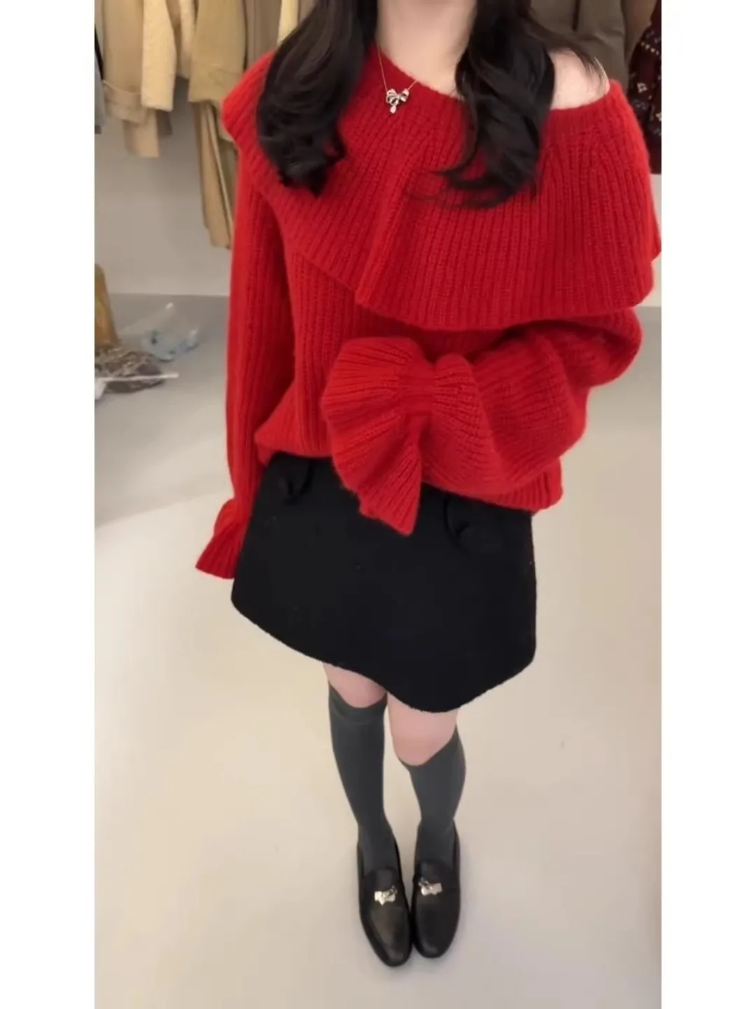 Suéter de malha solta vermelho com gola grande para mulheres inverno faion casual sle longo sve térmico confortável respirável