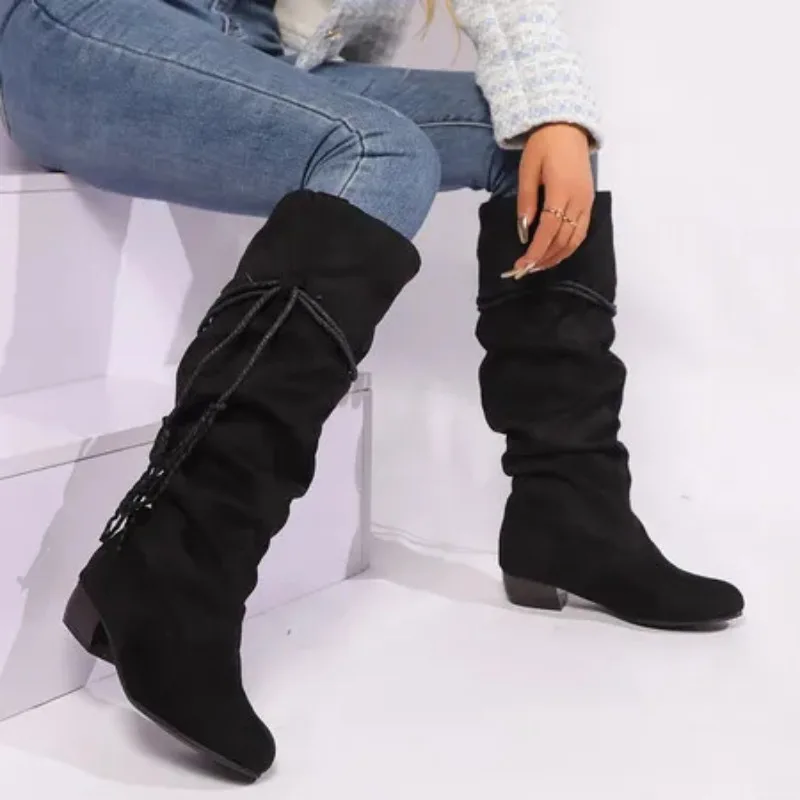 2025 New Women Knee Boots 3cm Square Heel Pleated Round Toe Flock Suede Black Red Apricot Casual Big Size 44 45 46 47