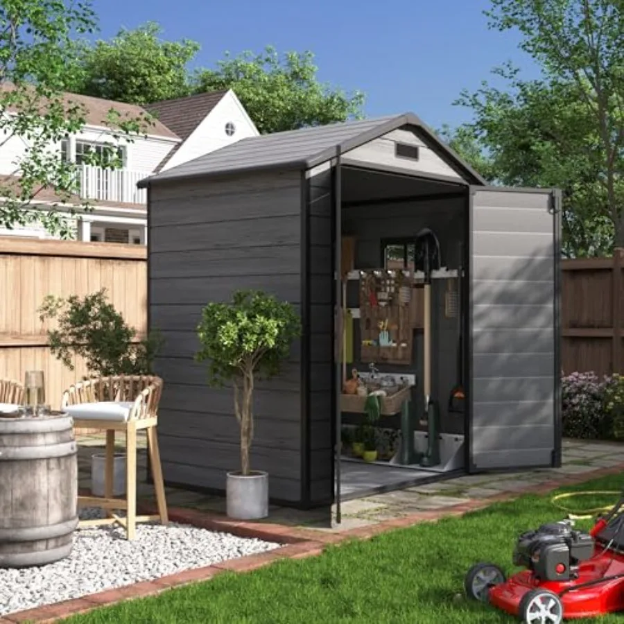 

Outdoor Storage Shed 6x4.5 Feet, Garden Resin Shed for Bike, Garbage Can, Tools, Outside Plastic Sheds with Floor for Backyard,
