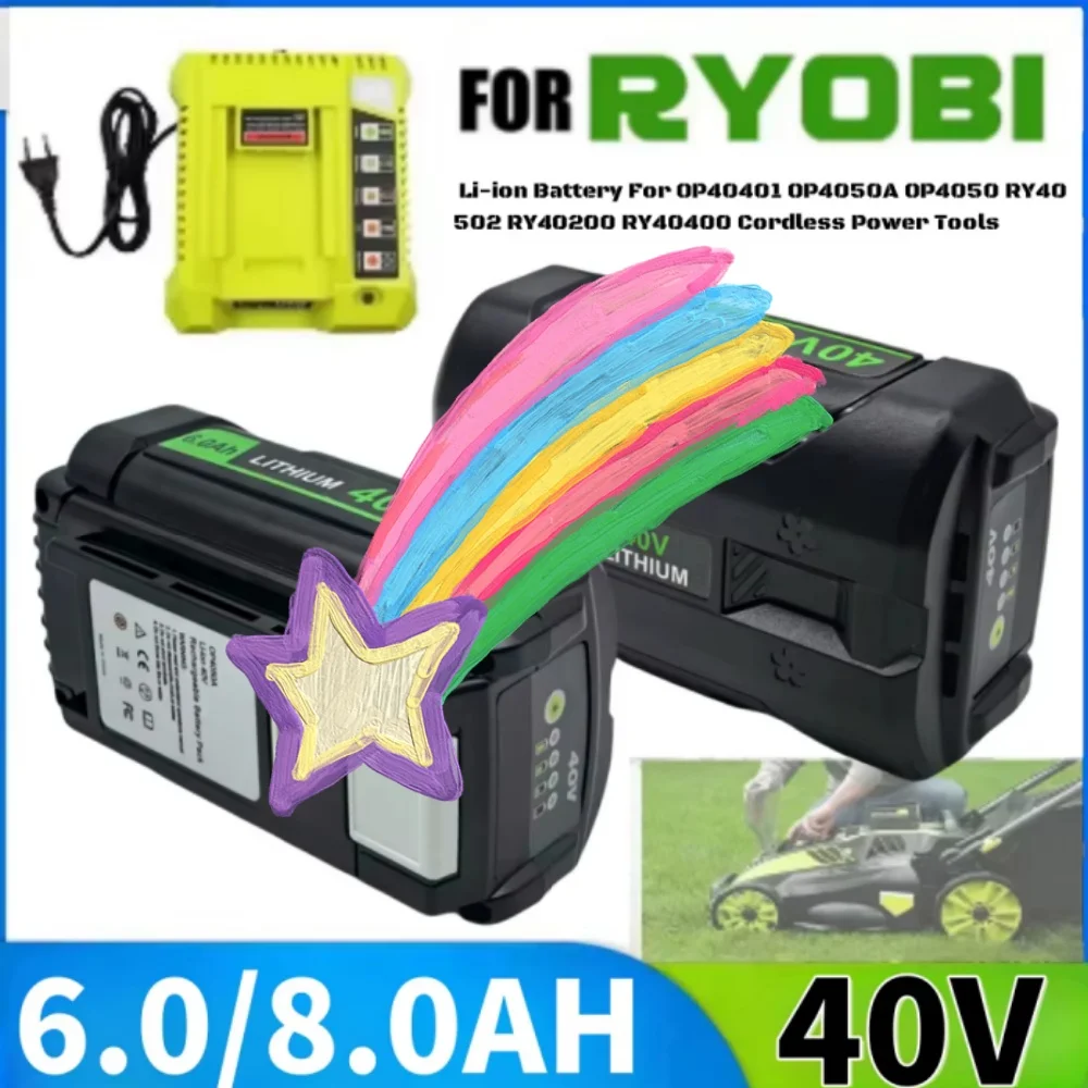 

40V 8AH High-Power Lithium Battery Compatible For Ryobi RY40200 OP4050 OP4026 RY40430 Lawn Mower Replacement Tool Battery