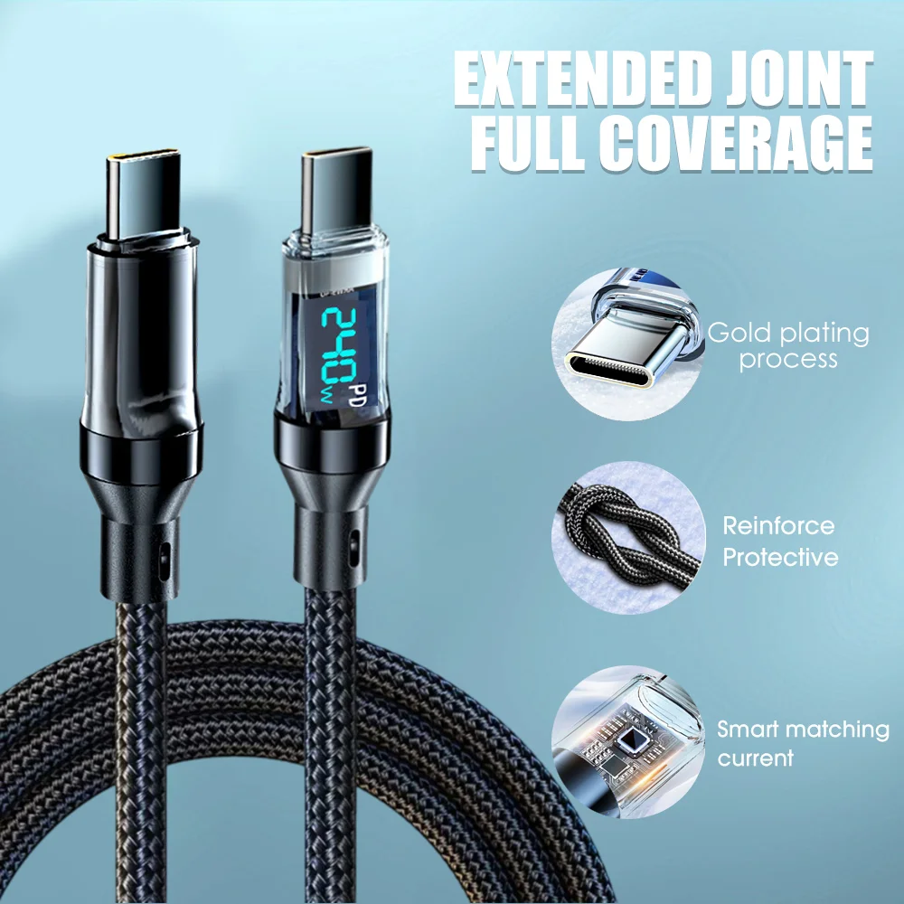 240W Type C Fast Charging Cable For iPhone 16 USB C Mobile Phone LED Display Cables For Samsung Data Cord For Huawei Oppo Vivo