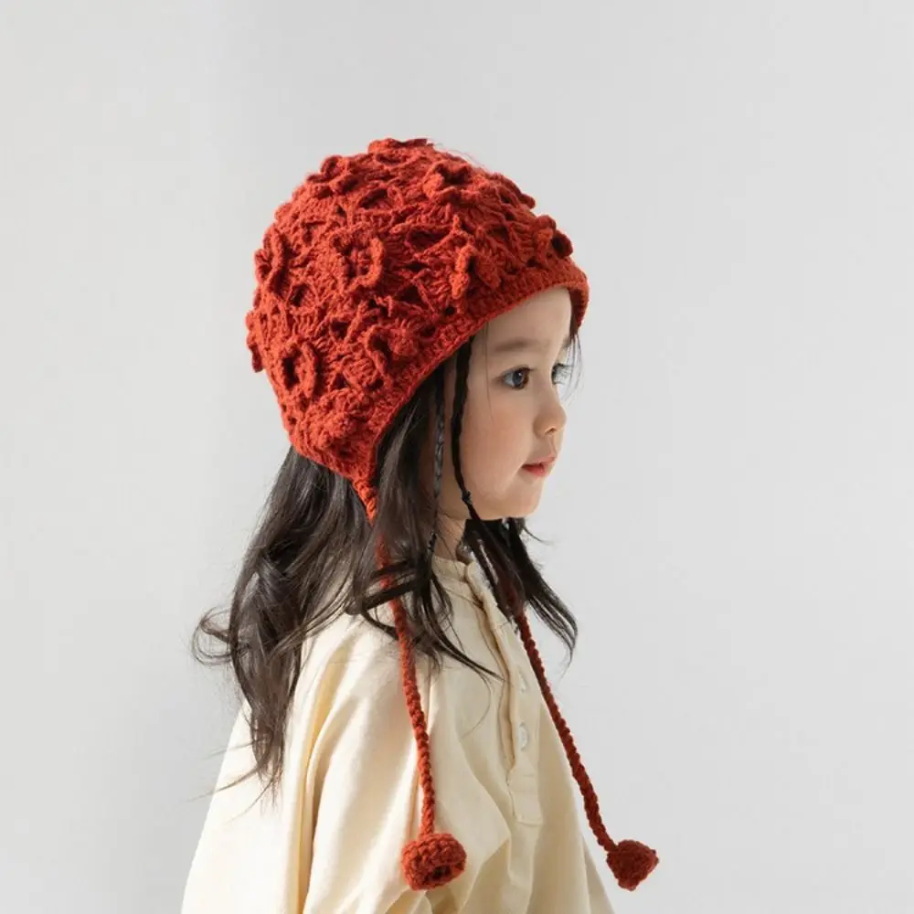 

Fashion Openwork Flower Hand Knitted Hat Solid Color Ear Protection Autumn Winter Hat Fringe Strap Keep Warm Kids Cap Girl