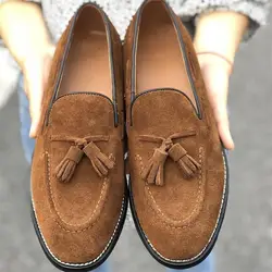 New Men Loafers Brown Cow Suede Solid Flats Round Toe Low-heeled Tassel Slip-on Fashion Business Casual Party Daily Men Shoes